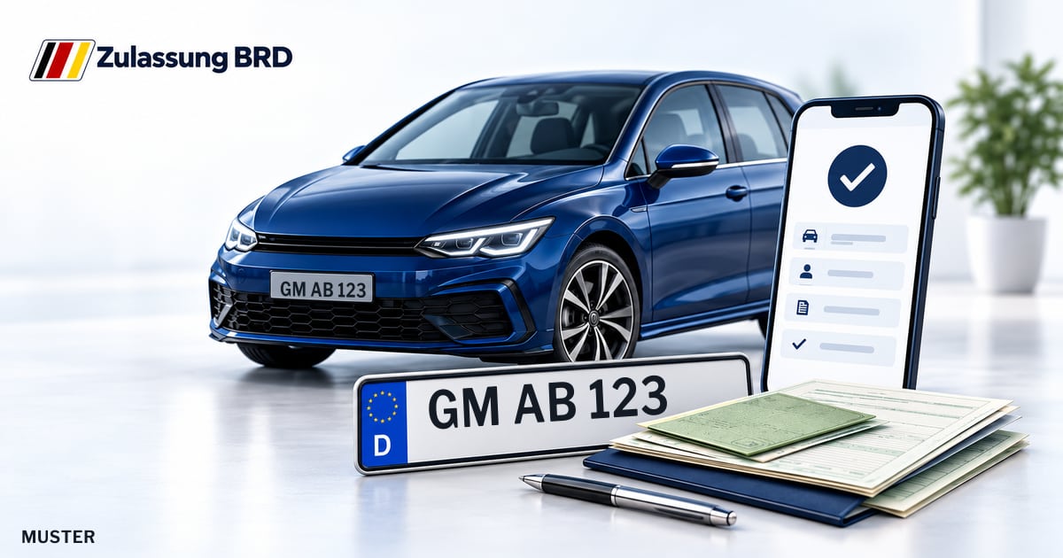 Online Fahrzeugzulassung in Oberbergischer Kreis: Musterkennzeichen GM AB 123, Auto und Fahrzeugpapiere und Smartphone. Illustration mit Logo von Zulassung BRD.